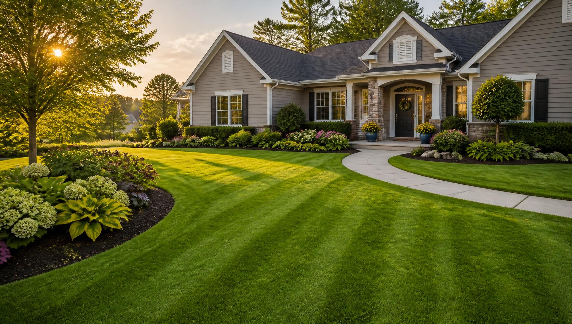 Professionally maintained residential lawn and landscape beds at golden hour